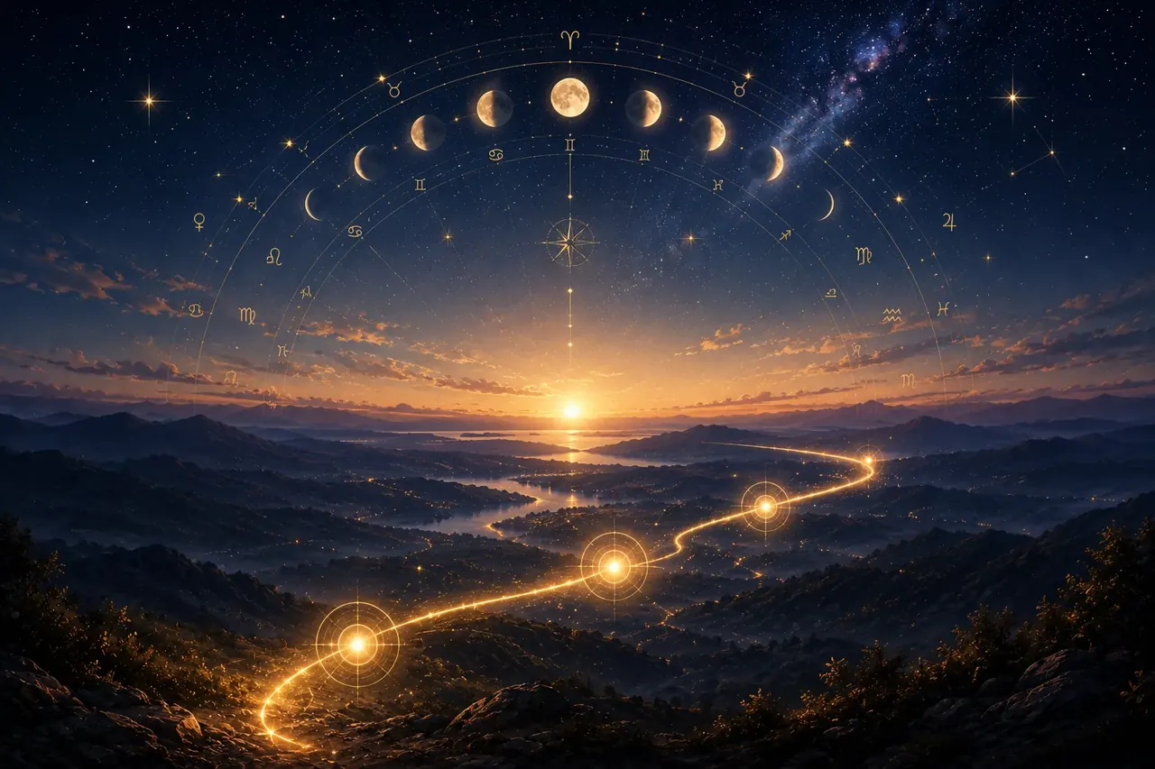 Moon phases and a zodiac wheel over a dawn horizon, with a golden path marking your best dates — Almanac