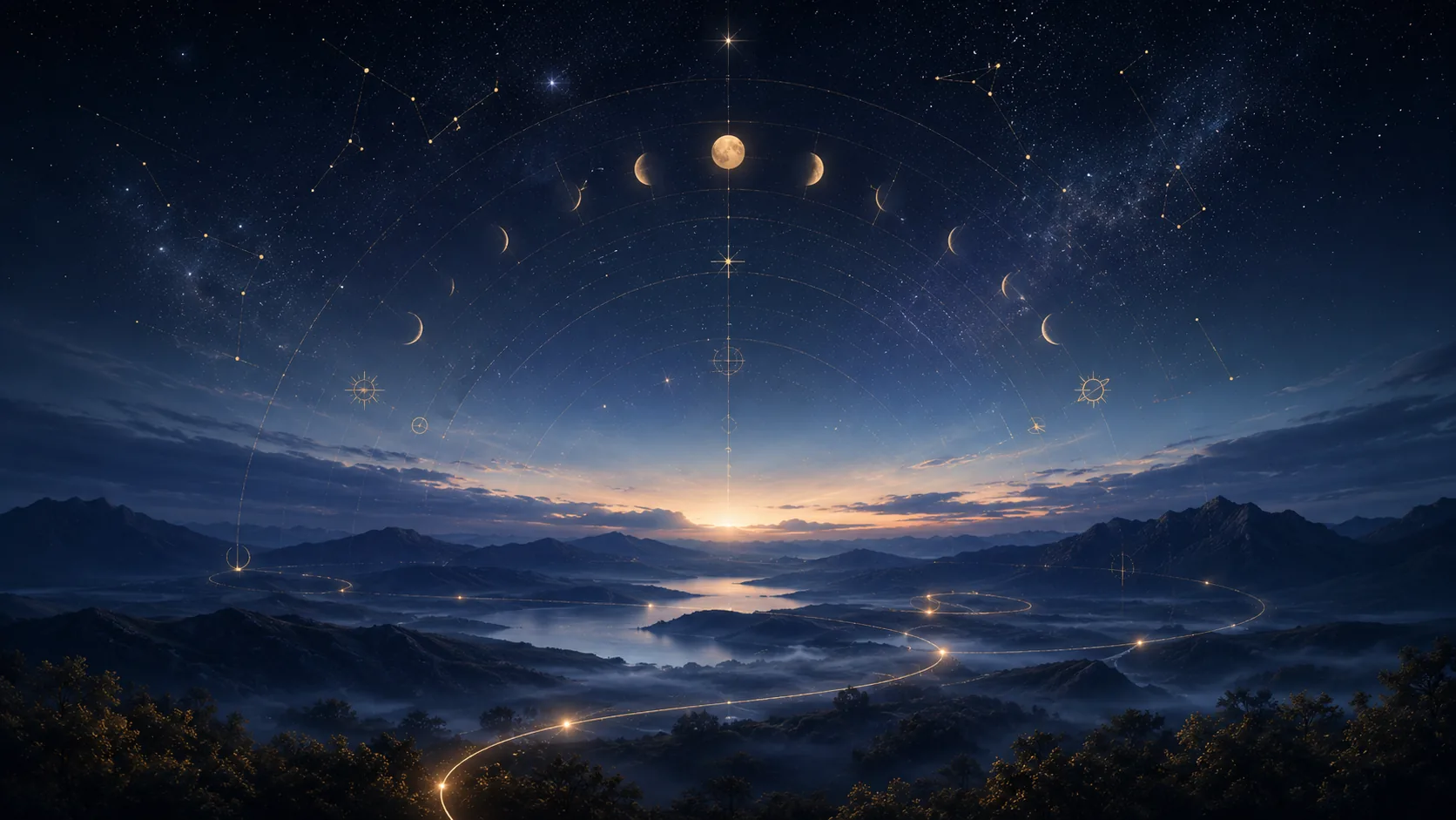 Moon phases arcing over a horizon with a golden timing path — Continuum