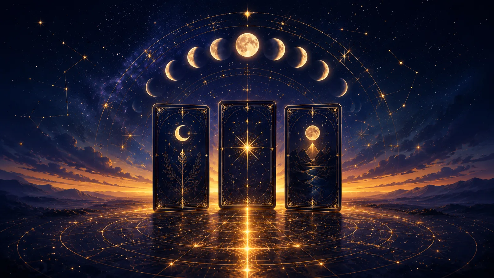 Three symbolic tarot cards under moon phases and golden celestial geometry.